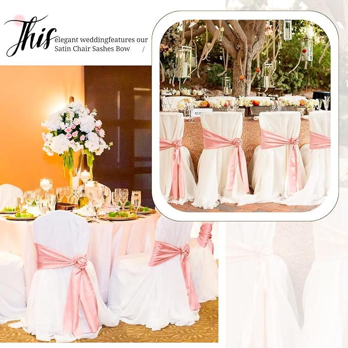 Pesonlook 60 PCS Rose Gold Satin Chair Sashes Bows,Satin Chair Sashes Universal Chair Cover for Wedding Reception Restaurant Event Decoration Banquet,Party,Hotel Event Decorations (7 x 108 inch)