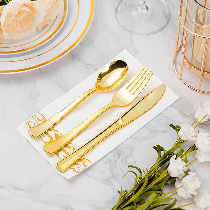 BESTVIP 400 Pack Disposable Paper Napkins,3-Ply Dinner Napkins with Gold Trim for Guests,Bathroom Paper Hand Towels Soft and Absorbent,Perfect for Christmas,Kitchen,Dinner,Party,Wedding or Event