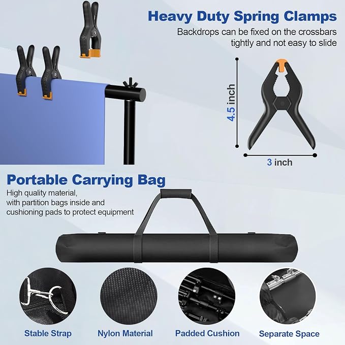 Photo Video Studio 10 x 10ft Heavy Duty Backdrop Stand, Adjustable Photography Background Support System Kit with Shock-Proof Spring, Carrying Bag, 6 Clamps