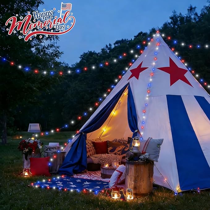 YEGUO 4 Pack Red White and Blue Fairy Lights Battery Operated - 16ft 50 LED 4th of July Twinkle Lights for Independence Day Patio Yard Tree Decorations