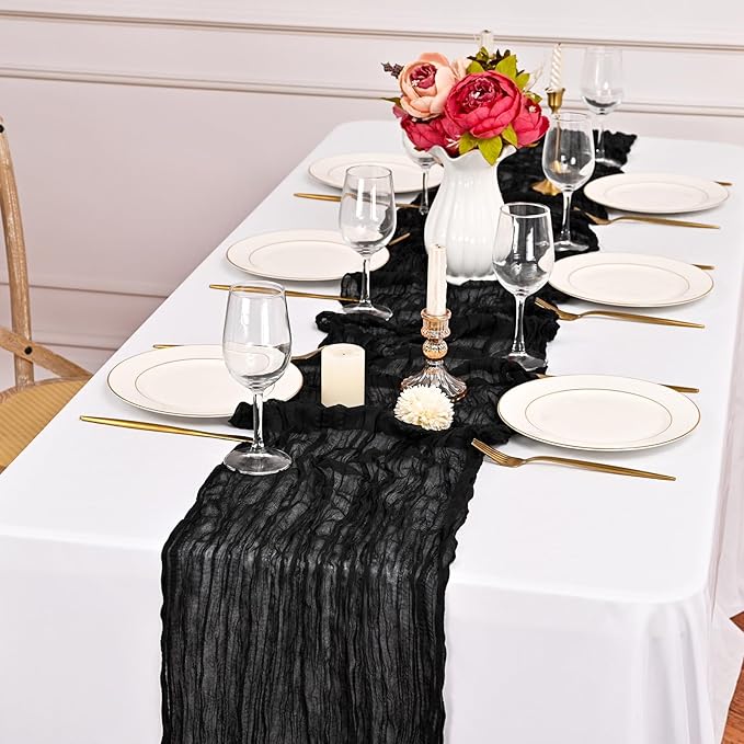 24 Pack Black Cheesecloth Table Runner,10FT Gauze Boho Long Cheesecloth Table Runners 20x120inch Rustic Cheese Cloth Table Runner for Wedding Party Bridal Shower,Table Decorations