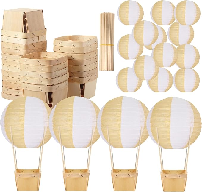 Namalu 24 Set Hot Air Balloon Table Centerpieces Baby Shower Party Decoration Paper Lanterns with Wooden Basket Sticks for Summer Birthday School DIY Craft(White Khaki)