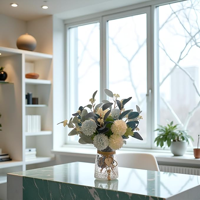 Artificial Flowers with Vase, Faux Flower Arrangement with Eucalyptus Leaves, Silk Hydrangea Table Centerpiece for Home Office Kitchen, Dining Room & Coffee Table Decor