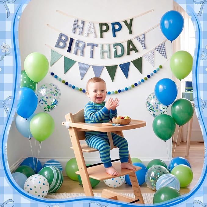 3 Pcs Pre-strung 3D Fabric Happy Birthday Banner Set - Reusable Teal Blue Happy Birthday Garland Pom Pom Banner Triangle Felt Bunting for Women Men Colorful Party Decor Photo Prop(Cute)
