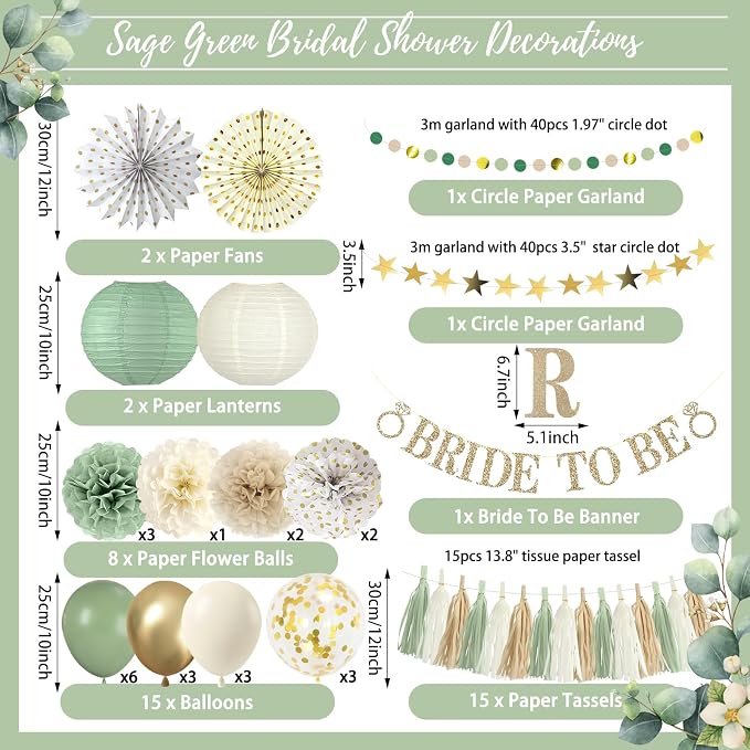 46Pcs Sage Green Bridal Shower Decorations - Boho Bachelorette Party Supplies with Bride to Be Banner, Paper Lanterns, Fans, Pom Poms & Balloons - Neutral Wedding Engagement Decor Kit