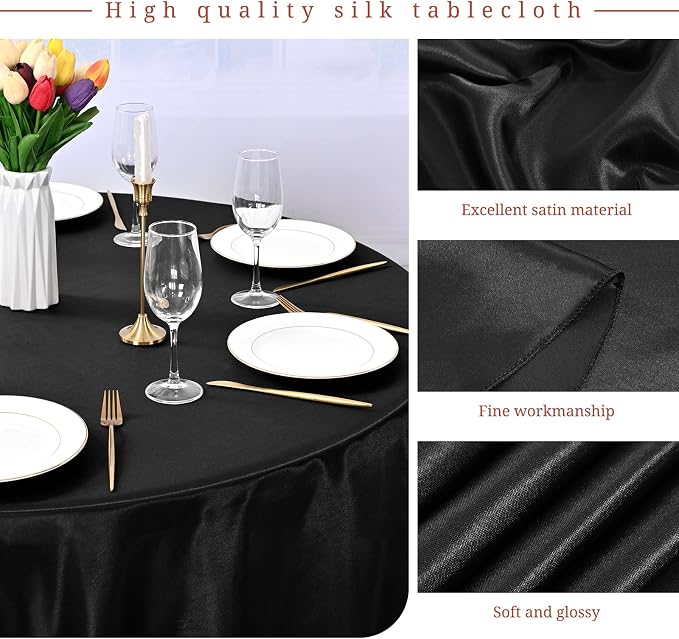 12 Pack 90 Inch Round Tablecloth, Black Satin Fabric Table Cloth for Round Tables, Wrinkle Resistant Washable Table Cover Bright Silk Tables Clothes for Wedding Party Dining Banquet