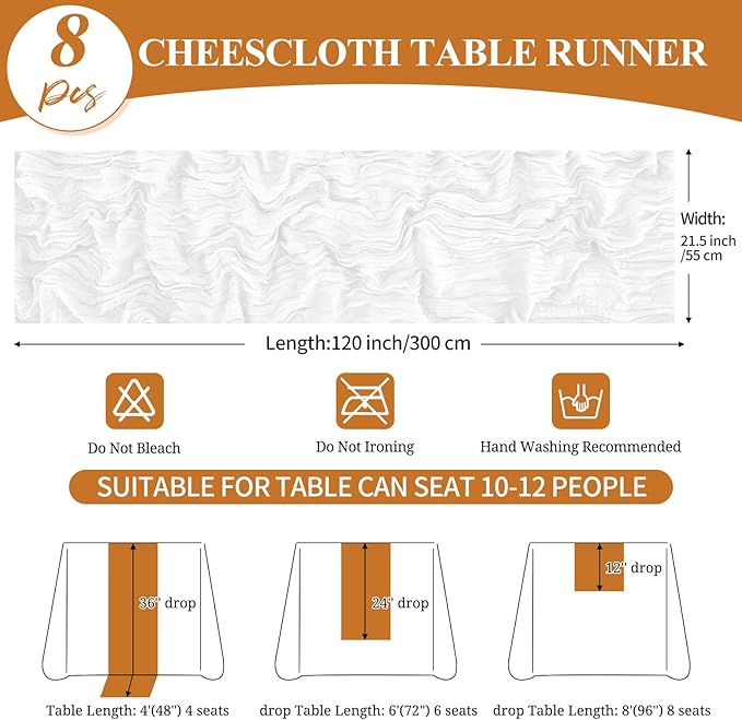 8 Pack 10Ft Cheesecloth Table Runner White, 20 x 120 Inch Rustic Gauze Boho Cheese Cloth Wedding Long Table Runner for Wedding Party Bridal Shower Decoration