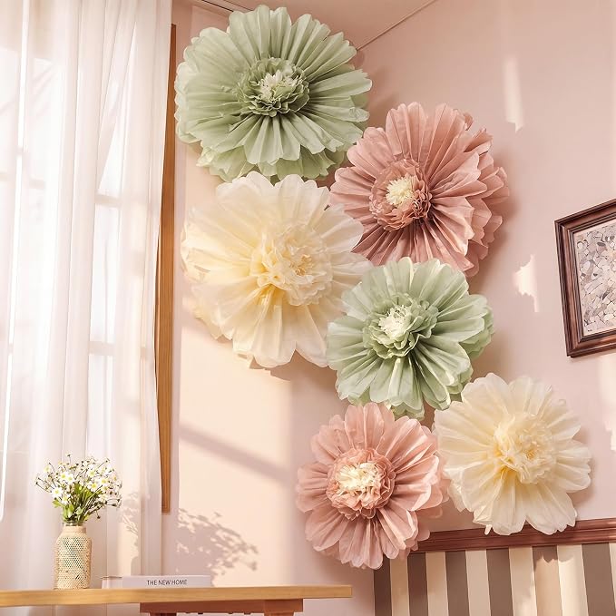 Giegxin 6 Pcs 31.5", 24" Pink and Sage Green Giant Paper Flowers Big Boho Sage Green Crepe Paper Flowers for Wall Decorations Wedding Baby Shower Birthday Bridal Shower Backdrop Classroom Party Decor