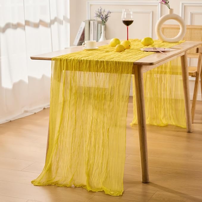 10 Pack Yellow Spring Table Runner Boho Cheesecloth Table Runners Bulk 10 ft Crinkled Gauze Sheer Mother's Day Table Centerpieces for Wedding Ceremony Anniversary Bridal Baby Shower Banquet