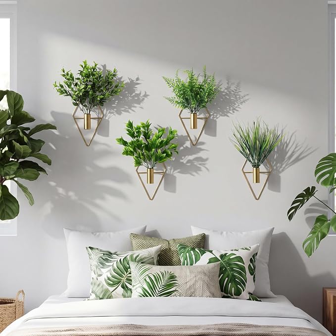 Hanaive 4 Sets Boho Wall Decoration Metal Wall Art Hanging Planters with Artificial Pampas Display Modern Home Vase for Bedroom Home Office(Brisk,Green)