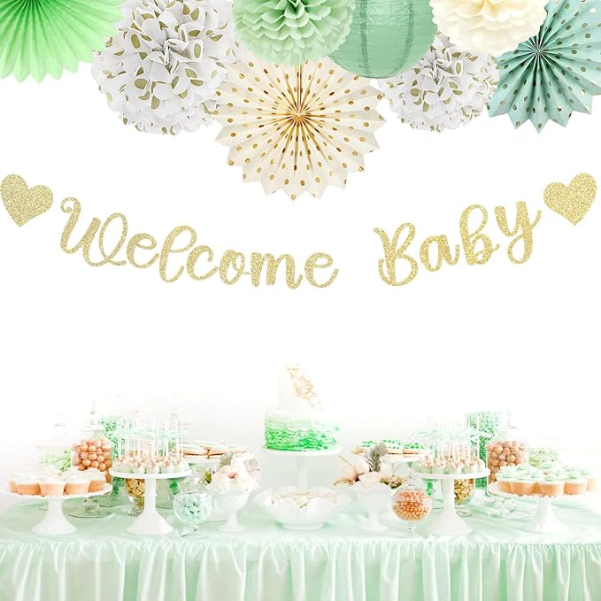 Sage-Green Champagne-Beige Baby Shower Party-Decorations - 21pcs Girls Boy Welcome Baby Banner,Paper Lanterns Pom Poms,Safari Woodland Boho Neutral Streamers Garland Decor Favors Huglony