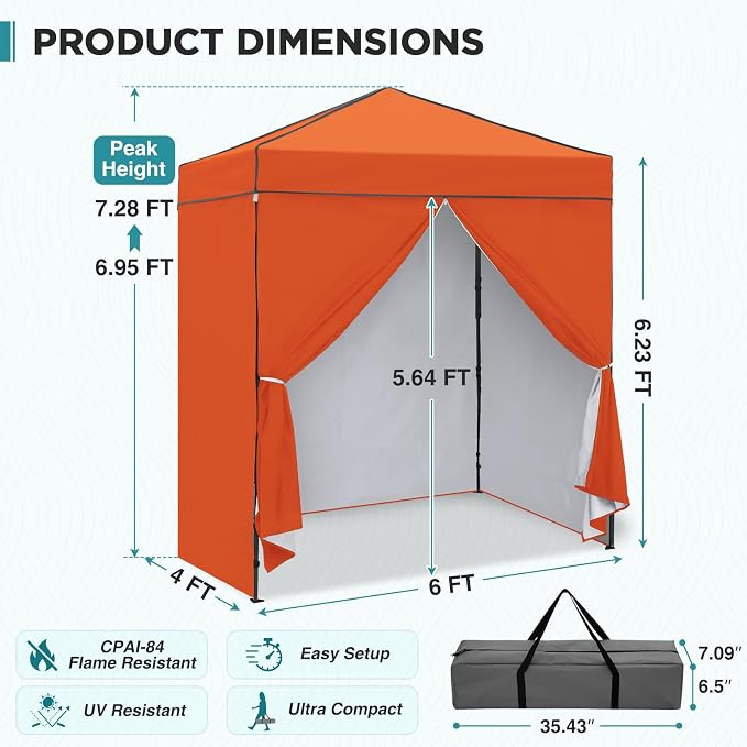 EAGLE PEAK 6x4 Instant Pop Up Canopy Tent with 4 Side Wall Panels, Straight Leg Sun Shelter, Portable Canopy with Carry Bag for Camping, Beach & Sports, Orange