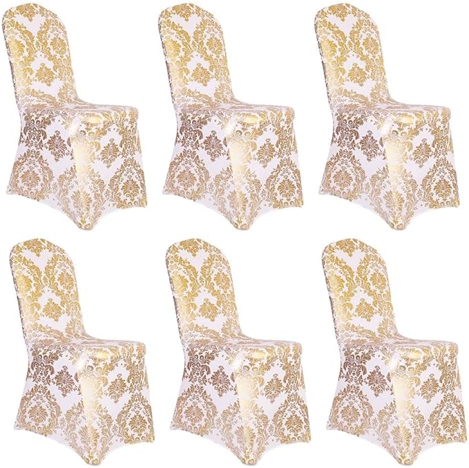 Pack of 6 Dining Chair Covers Bronzing Gold Flower Print Removable Washable Spandex Stretch Decorative Chair Slipcovers Set for Party Wedding Home Decorations - Gold+White