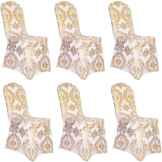 Pack of 6 Dining Chair Covers Bronzing Gold Flower Print Removable Washable Spandex Stretch Decorative Chair Slipcovers Set for Party Wedding Home Decorations - Gold+White