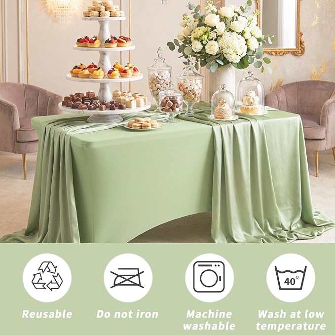 Fixwal Sage Green Stretch Table Cloth Rectangle 2 Pack 6Ft, Spandex Fitted Table Covers Washable for Party, Trade Show, Banquet, Wedding, Buffet