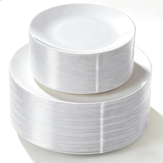 Lullaby 100PCS White Plastic Plates, Disposable White Plastic Plate, 50PCS Dessert Plates 7" and 50PCS Dinner Plates 10", Perfect for Party Wedding and Daily Use