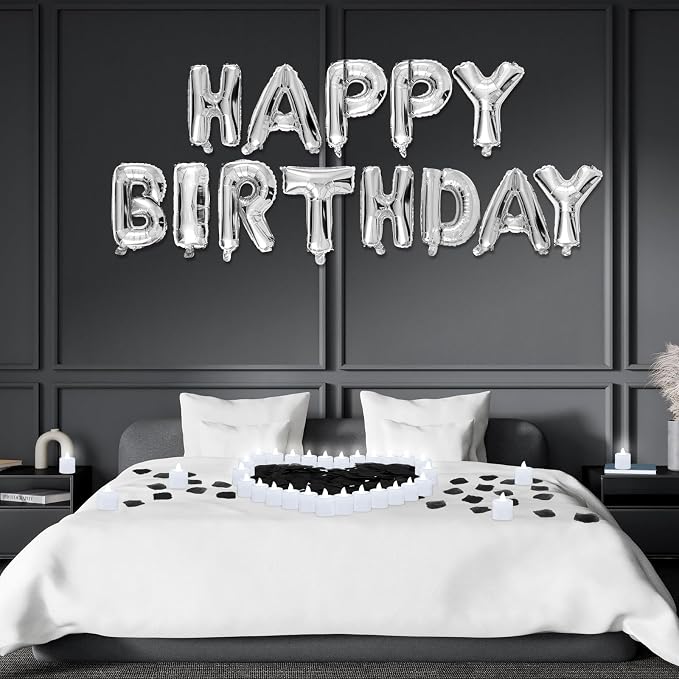 Black and Silver Happy Birthday Balloons Decorations Happy Birthday Letter Balloons Banner with 24pcs Flameless LED Candles and 2000pcs Artificial Rose Petals for Women Men Room Party Decor
