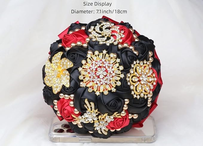 Burgundy and Black Bridal Wedding Bouquet Luxury Gold Rhinestone Brooch Bouquet for Bride Bridesmaid Quinceanera Satin Rose Artificial Flower Bouquet Wedding 7.1in