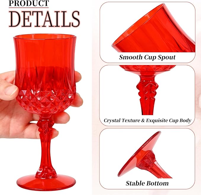 48Pack Red Plastic Wine Glasses,Vintage Plastic Goblets for Parties, Red Drinking Glasses Crystal Water Goblets Reusable for Wedding Reception, Grand Event Party Supplies