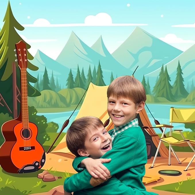 Cartoon Camping Backdrop Mountain Forest Lake Scenery Outdoor Campfire Photography Background Camper Tent Theme Birthday Party Backdrop Climbing Hiking Sign Guitar Backpacks Background 20x10ft