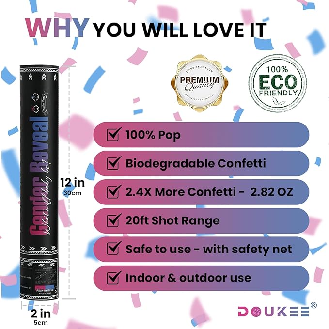 Gender Reveal Confetti Cannon, DOUKEE Biodegradable Pink or Blue Confetti Poppers Baby Shower Cannon for Boy or Girl Baby Reveal Party Supplies 2PK (1Pink 1Blue)