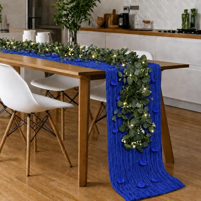 Cinrobiye 11PCS Boho Cheesecloth Table Runner Set with Rose Petals, 120'' Gauze Table Runner, Wrinkled Napkins, Eucalyptus Garland and String Lights for Wedding Baby Shower Tea Party Decorations