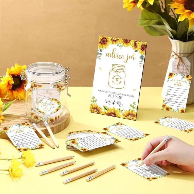 Jetec 74 Pcs Advice and Wishes for the Mr and Mrs 60 Pcs Wedding Advice Cards Advice and Wishes Jar Box Bridal Shower Advice and Wishes Cards for Bride and Groom Bridal Shower Decor(Sunflower)