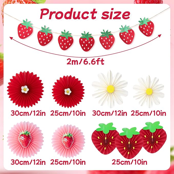 OBBOLO Strawberry Party Decorations, Strawberry and White Flower Paper Fans, with Strawberry Banner, for Berry First Birthday, Sweet 1st Birthday, Baby Shower, Strawberry Themed Birthday Hanging Decor