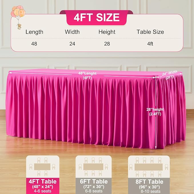 2 Packs Hot Pink Tableclothes for 4 Foot Rectangle Tables, Wrinkle Free Fitted Table Cloth 4ft Stretch Table Cover with Skirt for Parties Weddings Birthday Banquet Baby Shower
