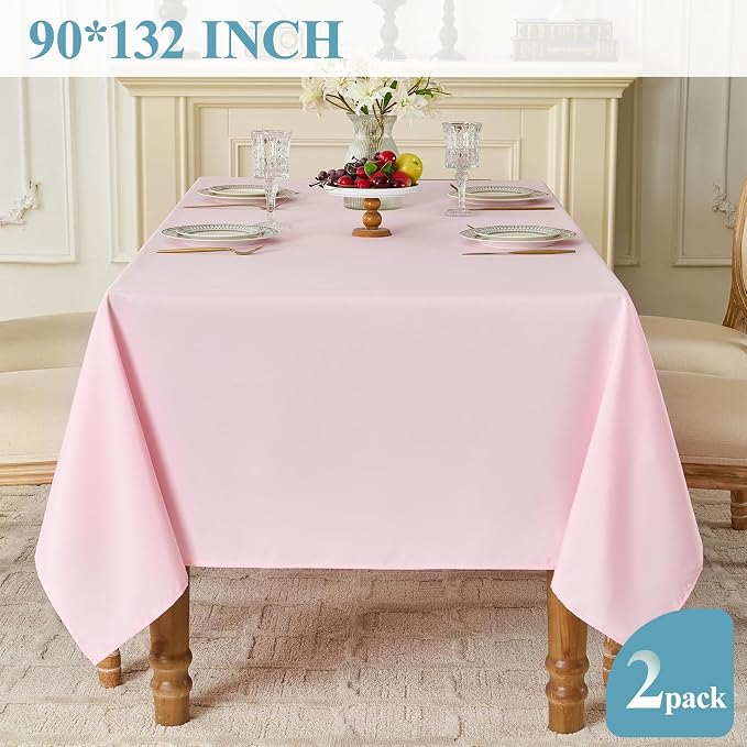 VidaFete 2 Pack 90 * 132inch Rectangle Table Cloth Polyester, Stain Wrinkle Resistant Polyester Dining Table Cover for Kitchen Dinning Party Wedding Rectangular Table Buffet Decoration(Pink)