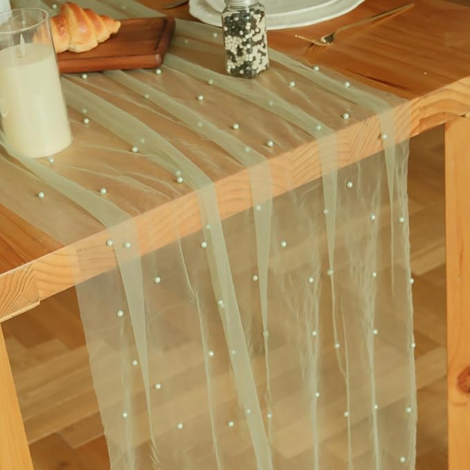 Set of 1 Pearl Table Runner 10ft, 29 * 120 Inch Grass Green Table Cloth Pearl Sheer Tulle Table Cover,Pearl Table Runner for Wedding Party Baby Shower Birthday Home Decor