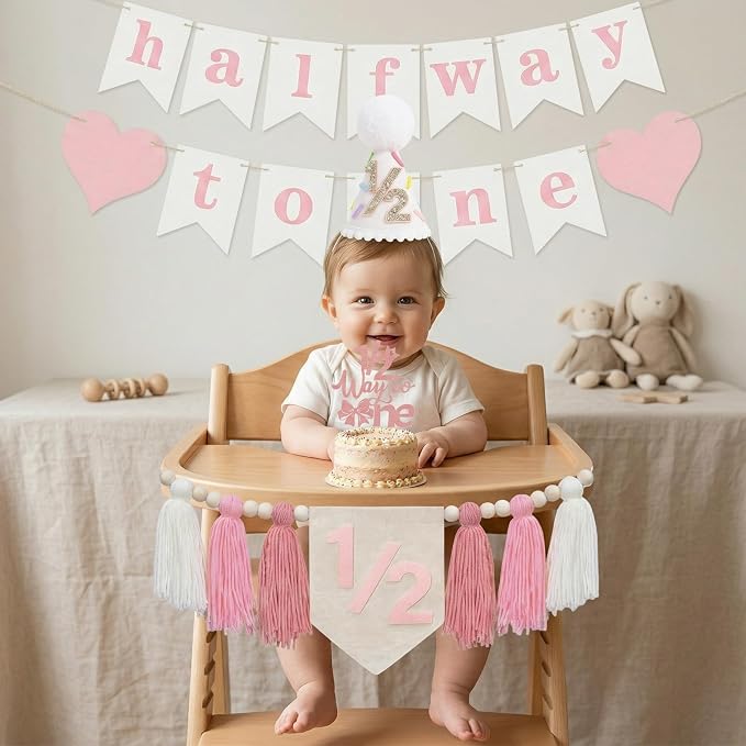 Baby First Birthday Party Decorations First Highchair Banner For Baby Boys Blue High Chair Banner Crown Cake Topper Baby Photo Banner 1st Birthday Photo Backdrop (1/2 Pink)