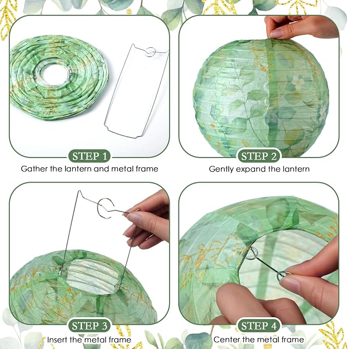 Panelee 12 Pcs Sage Green Eucalyptus Leaf Party Decorations Paper Lanterns 8 Inch Hanging Round Paper Party Decorations for Holiday Indoor Outdoor Supplies