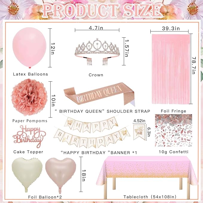 Birthday Decorations Set, Pink Party Decoration with Vintage Pink Balloons, Banner, Pom Poms, Fringe Curtain Background, Birthday Crown, Shoulder Strap for Girls Women Boho Party Supplies