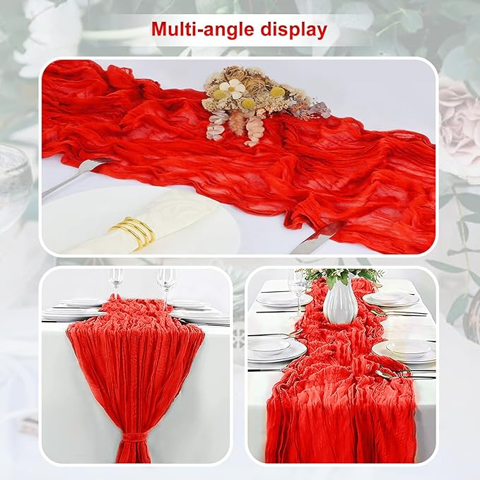 1 Pack Red Cheesecloth Table Runner 35x120 Inch 10Ft Rustic Gauze Cheese Cloth Table Runner Sheer Cheesecloth Table Runners for Wedding Party Bridal Shower Decoration