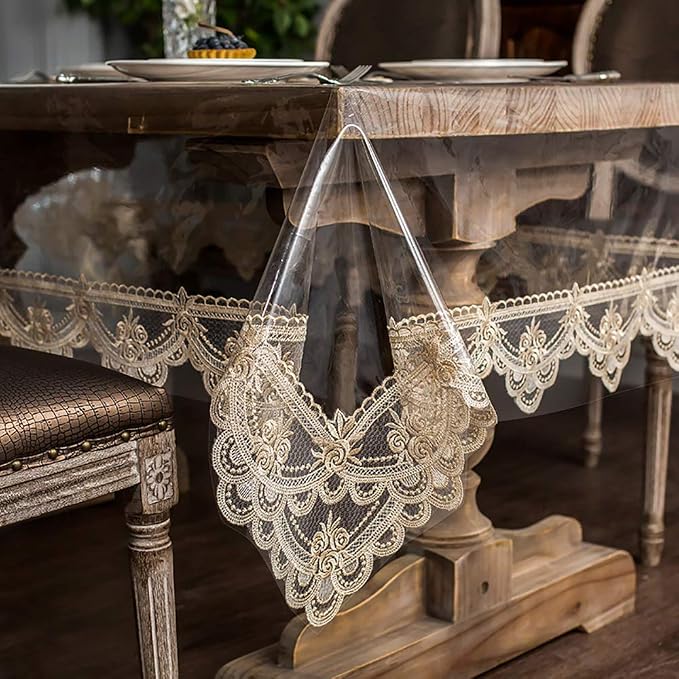 ARTABLE Vinyl PVC Rectangle Tablecloth Waterproof Clear Table Cover with Champagne Lace Macrame Border for Wedding Kitchen Home Outdoor Indoor Holidays Party Decor (Champagne, 60 x 140 Inch)