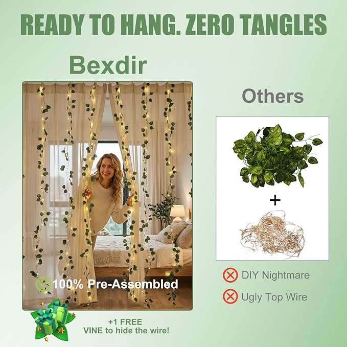 Bexdir 200 LED Curtain Vine Lights for Bedroom Decoration, 6.6x6.6ft Pre-Assembled Hanging Fake Vines with Fairy Lights USB Powered, Aesthetic Artificial Watermelon Lights for Room Wall Decor