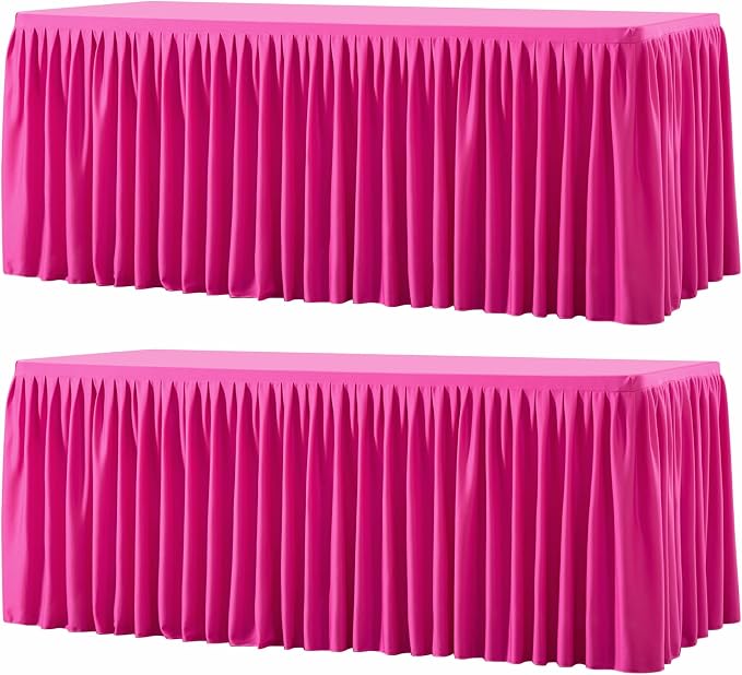 Wish Care 2 Pack Hot Pink Rectangle Table Clothes for 4 Foot Tables, Polyester Fitted Tablecloths 4ft Stretch Table Cover for Wedding, Birthday, Parties, Trade Show, Craft Show