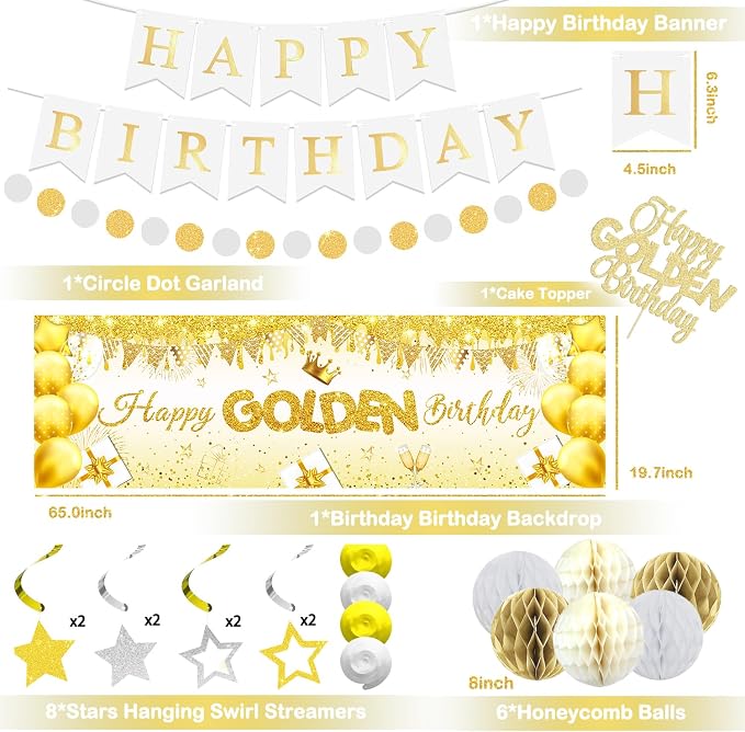 Golden Birthday Party Decorations, Happy Birthday Banner, Backdrop, Balloons, Honeycomb Balls, Star Foil Balloons, Stars Hanging Swirls & Cake Topper for Baby Boys Girl Men Women Birthday Decoration