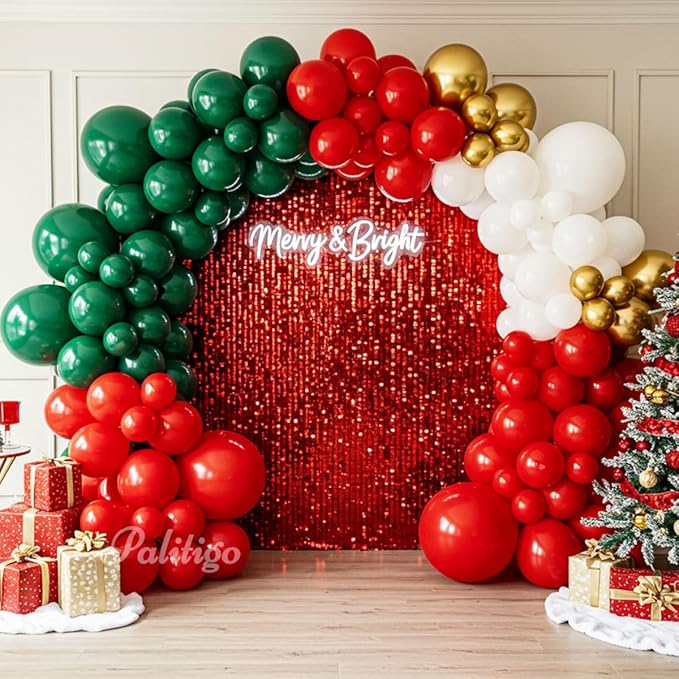Christmas Balloon Arch Kit 140pcs Double Stuffed Green Red White & Gold Balloons Garland, Merry Christmas Balloons Arch Decorations for Holiday Party Backdrop & Merry Xmas Balloons Decor Supplies