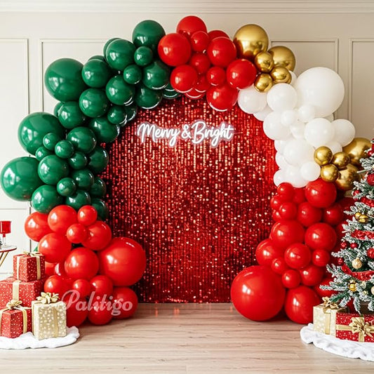 Christmas Balloon Arch Kit 140pcs Double Stuffed Green Red White & Gold Balloons Garland, Merry Christmas Balloons Arch Decorations for Holiday Party Backdrop & Merry Xmas Balloons Decor Supplies
