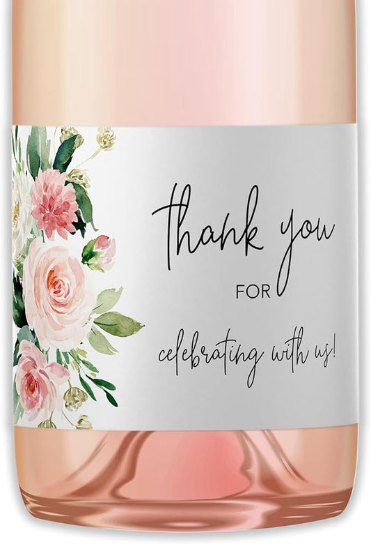 Floral Thank You for Celebrating with us Mini Champagne Labels ● Set of 12 ● Mini Wine Bottle Labels Bridal Shower, Baby Shower, Bachelorette Party, Sprinkle, Birthday Favors Stickers M625-THANK-12