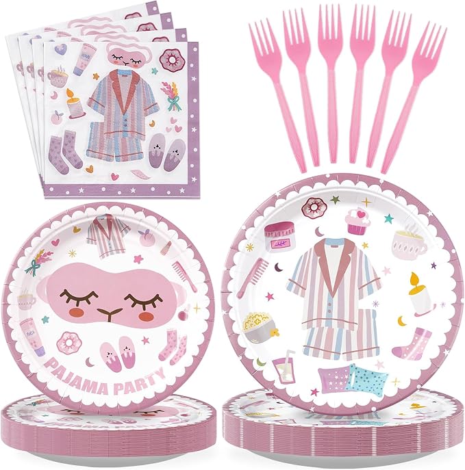 96Pcs Pajama Party Decorations Supplies Sleepover Party Supplies For Girls Pajama Plates Napkins Forks Tableware Set for Slumber Party Spa Party Girls Birthday Party Bachelorette Party, Serves 24