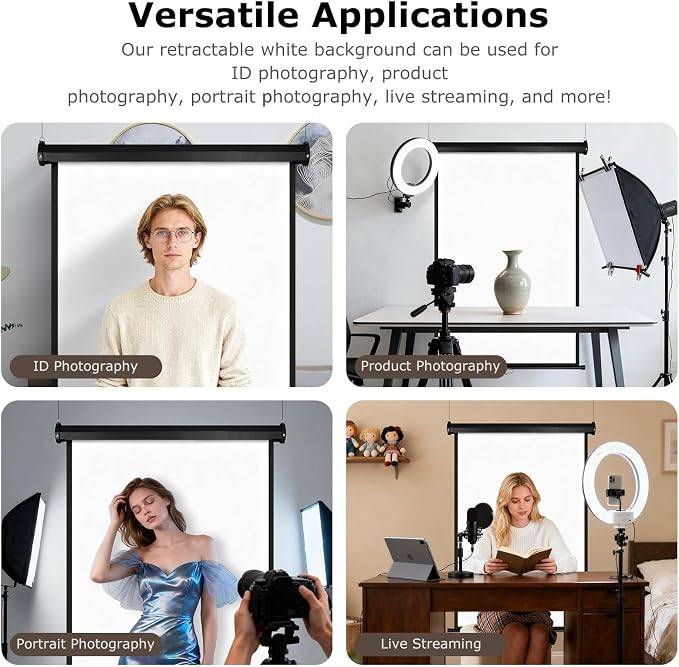 Retractable White Photography Backdrop Screen, 36 x 56 Inch Pull-Down PVC Photo Background, Auto-Lock Backdrop for Product Photography, Headshots, ID Photos & Live Streaming