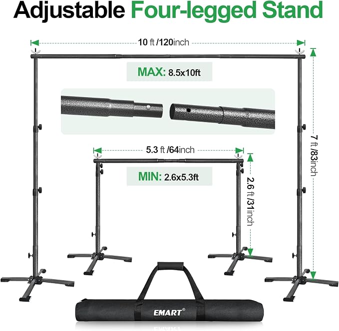 EMART Portable Backdrop Stand Kit with Foldable Cross Flat Base, Adjustable 7ft Height 10ft Width Pipe and Drape Background Hanging Frame Bar for Photography Party Wedding Birthday Photo Studio