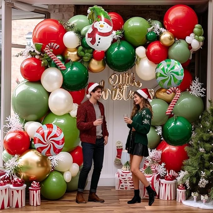 Christmas Balloon Arch Kit, Double Stuffed Sage Green Red White Gold Pearl Balloon Garland Cane Santa Claus Balloons for Xmas Christmas Holiday New Year Birthday Party Decorations