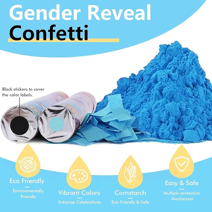 Previvo Gender Reveal Confetti Powder Cannon - 4 Pack Blue Baby Gender Reveal Poppers - 100% Biodegradable Powder Smoke - Baby Party Supplies