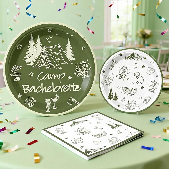 cocomigo 244 PCS Camp Bachelorette Decorations, Hassle-Free One-Stop Set for 25 Guests, With Balloon, Banner, Photo Props, Tattoos, Plates and Napkins, Easy Setup for Camp Bachelorette Party