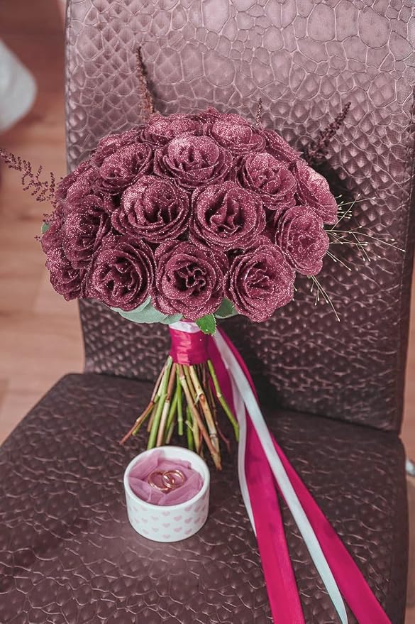 Rose Gold Flowers, 30PCS Glitter Roses Bouquet Artificial Roses with Stems for Crafts Wedding Bouquet Party Home Decor(Rose Gold)
