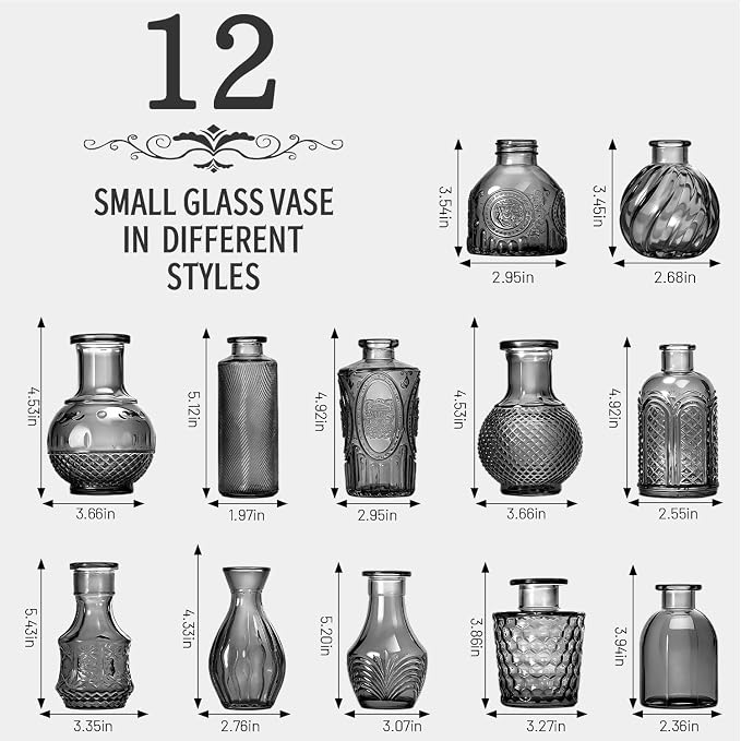 Mini Bud Vases As Wedding Centerpieces for Tables,Clear Bud Vases for Flowers,Small Flower Vases Suitable for Birthday Party,Anniversary,Wedding Reception,Baby Shower (Black, 12PCS)